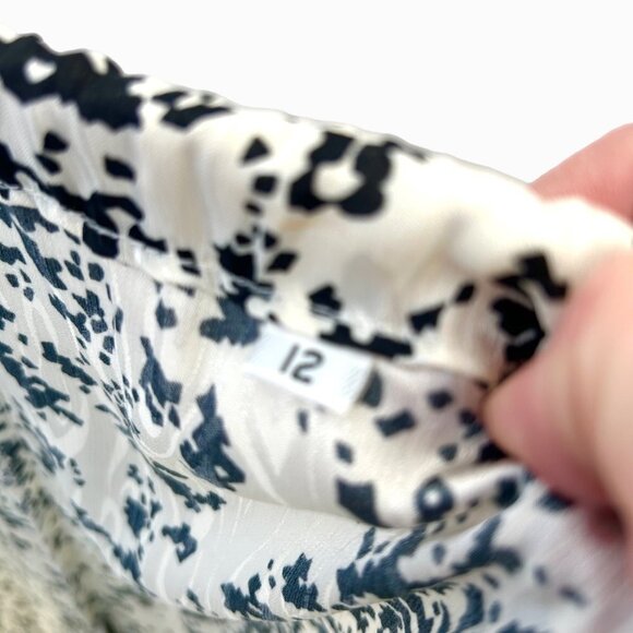 VINTAGE 80'S ANTHONY SICARI SILKY BLACK IVORY PRINT OPEN PLEAT MIDI SKIRT - 12 - Picture 3 of 4